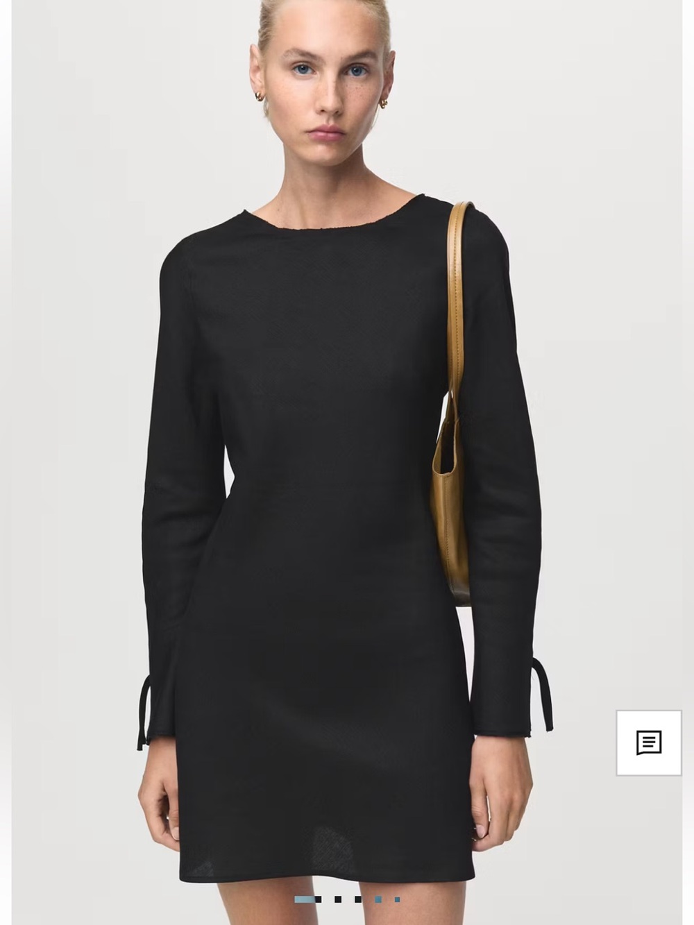 Linen Long-Sleeve Black Tie-Cuff Shift Dress